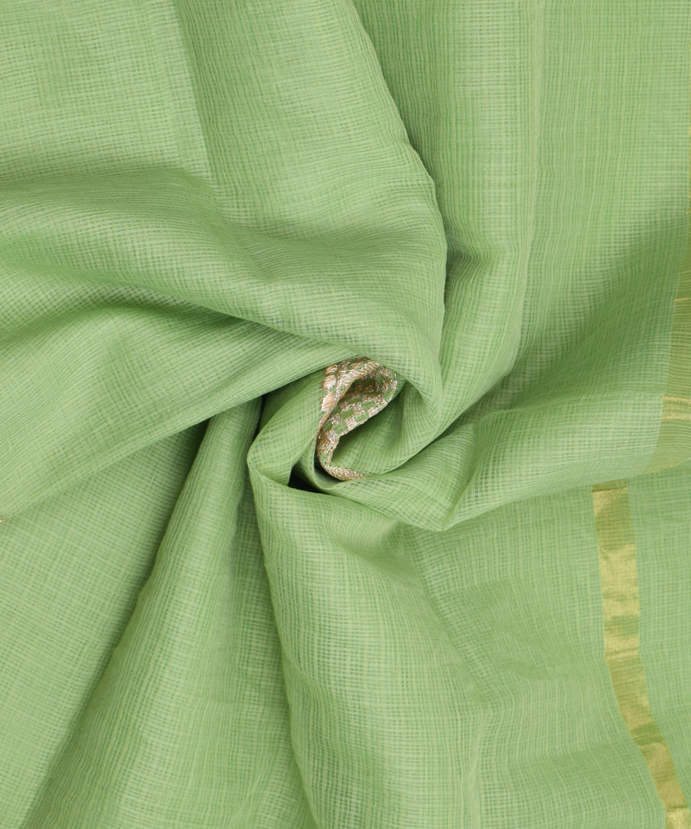 Light Green Embroidery Golden Work Zari Border KotaDoria Cotton Saree With Blouse
