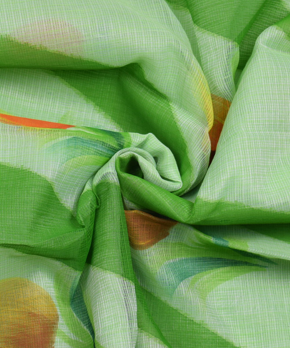 Floral Print Light Green Zari Border KotaDoria Cotton Saree With Blouse
