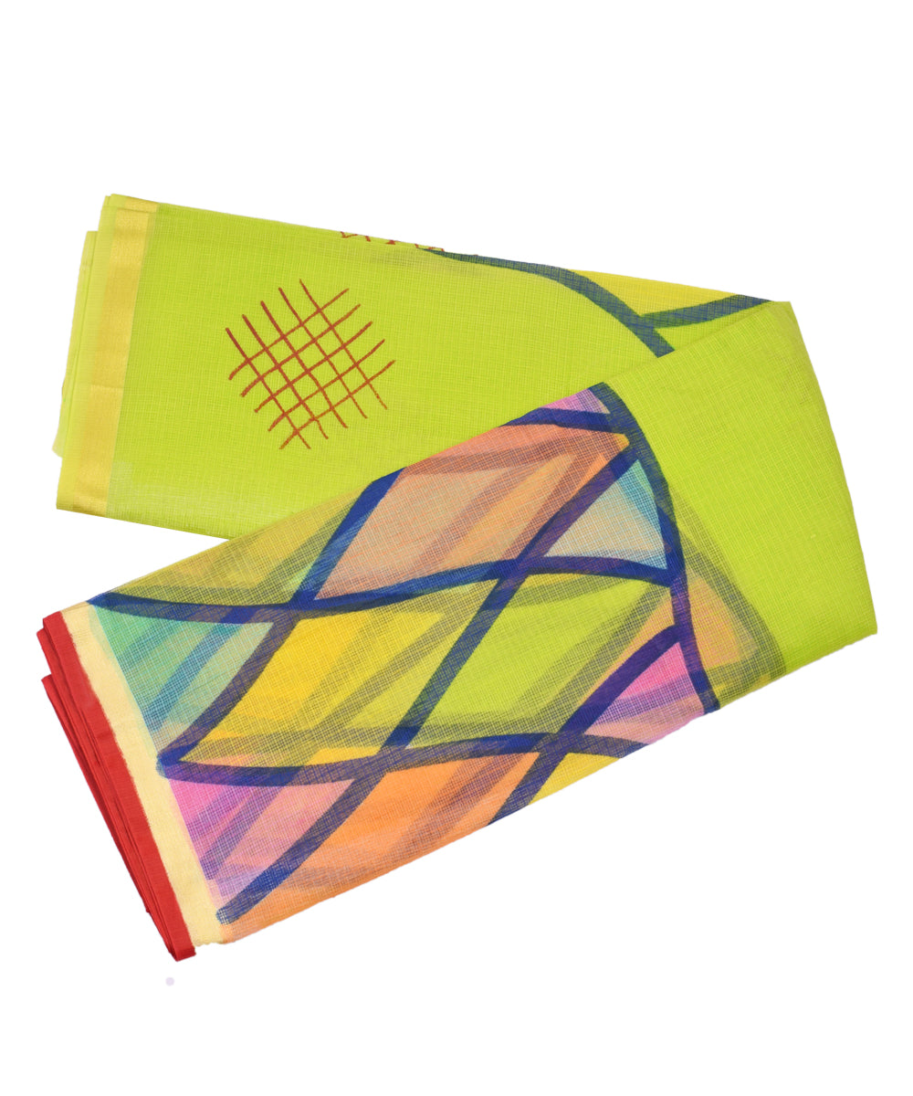 Light Green Geometric Print Zari Border KotaDoria Cotton Saree With Blouse