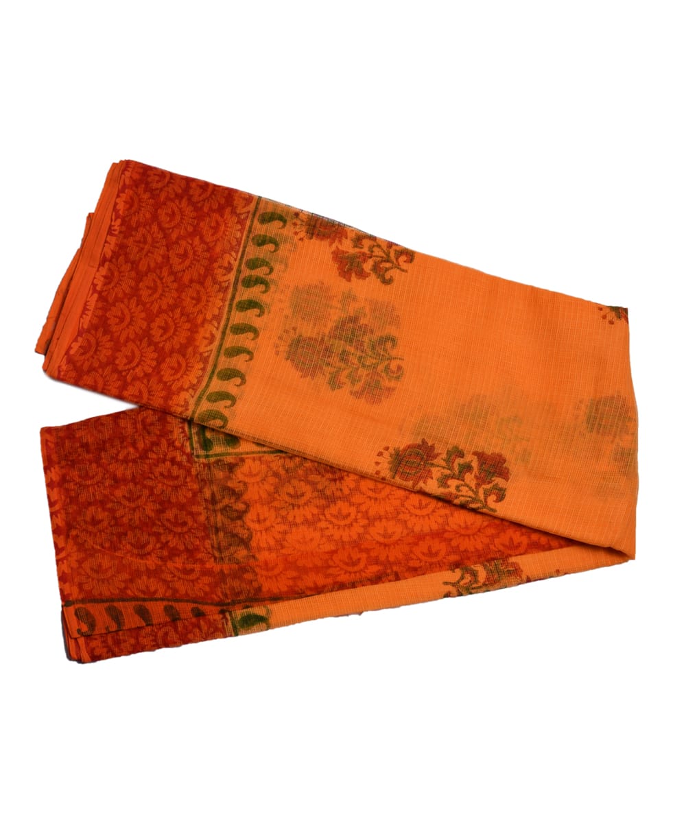 Pure Cotton Orange Floral Print Kotadoria saree