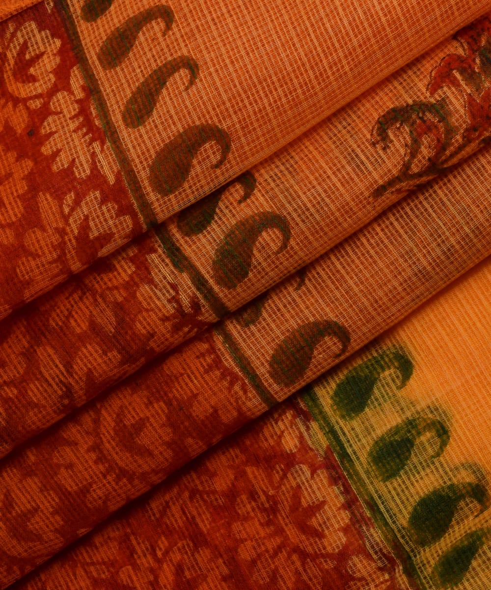 Pure Cotton Orange Floral Print Kotadoria saree