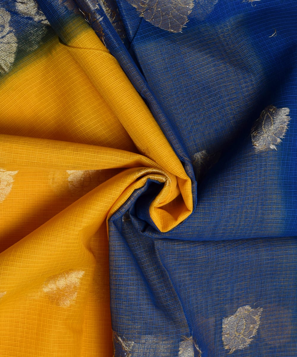 Yellow Blue Golden Work Zari Border KotaDoria Weaving Saree With Blouse