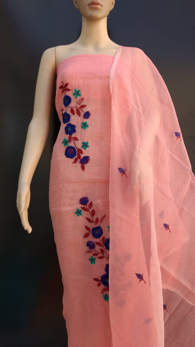Carrot Color Cotton Kotadoria Embroidery Dress Materials