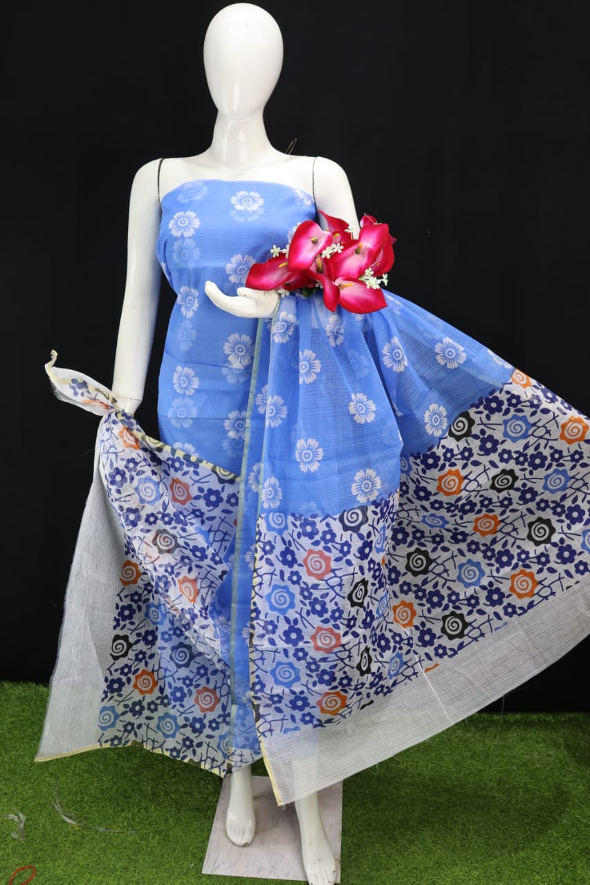Blue Printed Kota Doria Cotton Fabric Dress Material