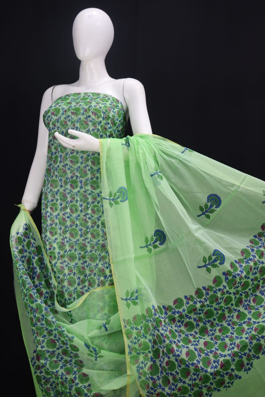 DESIGNER GREEN FLOWER HAND BLOCK PRINT KOTA DORIA SUIT