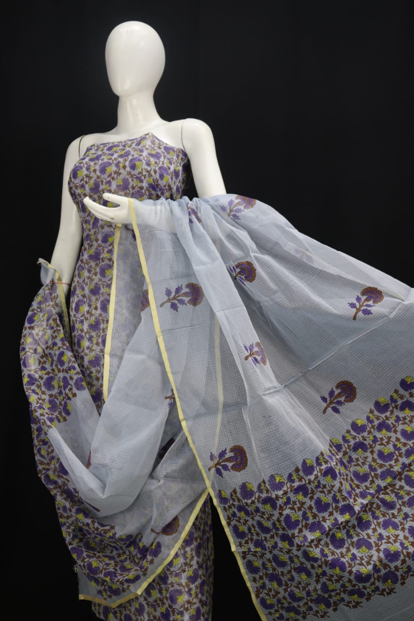 kota doria cotton dress material Yellow Bengali Cotton Dress Materials Hand Block Print Cotton Suits With Kota Doria Dupatta