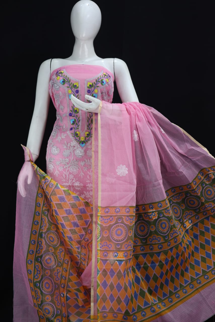 PINK BASE KOTA DORIA CHIKANGARI EMBROIDERY WORK SUIT