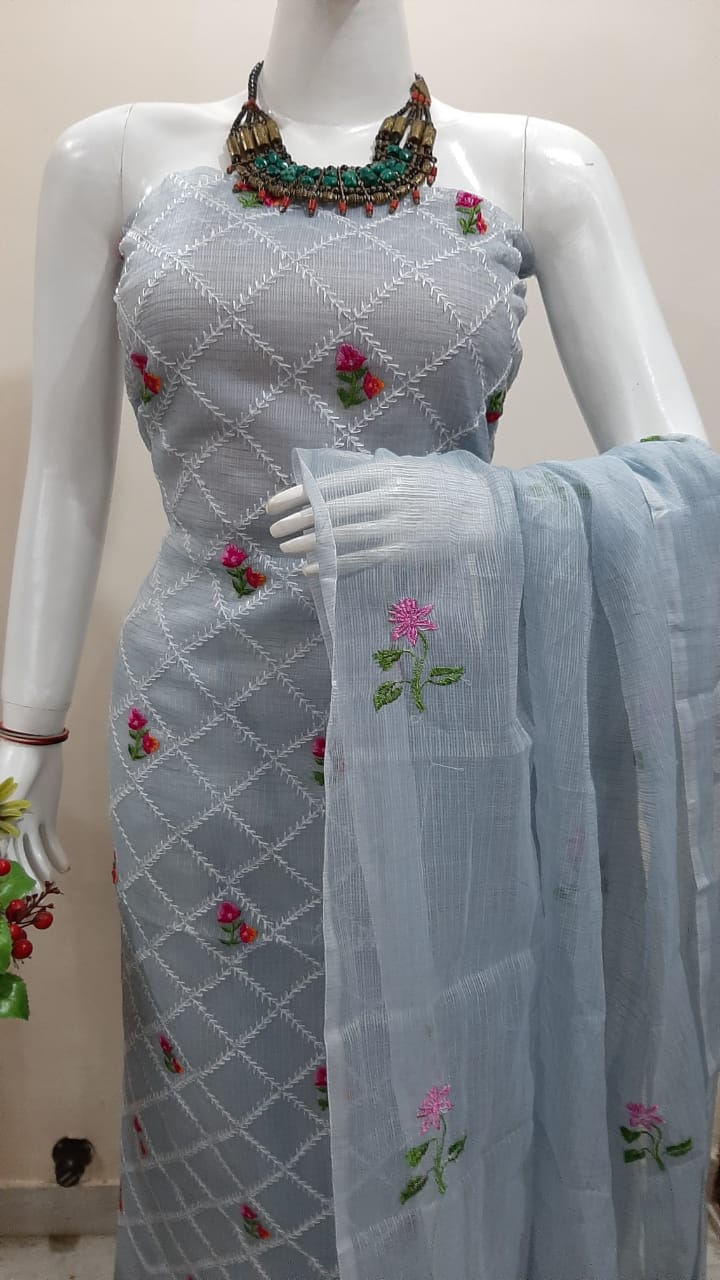 Grey Kota Cotton " Embroidery " Special Suit