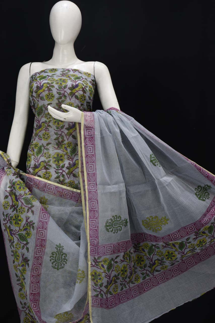 Grey Colred Leafy Floral Yellow Green Designer Handblock Printed Cotton Kota Doria Un-Stitched Suit With Dupatta