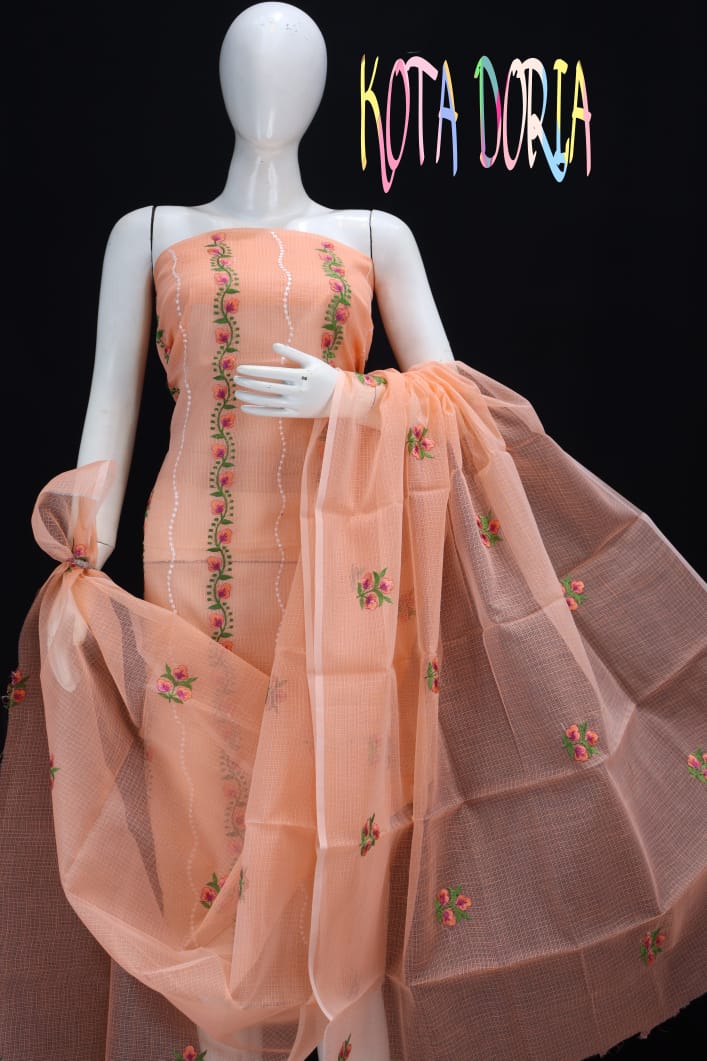 Melon Orange Colored Green Striped Embroidery Work Dress Material