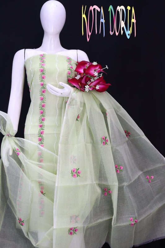 Light Tea Green Colored Pink Floral Striped Embroidery Work Dress Material
