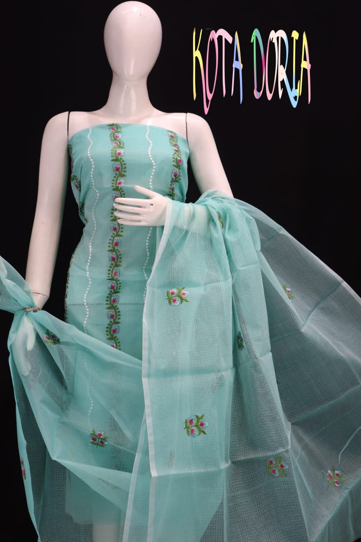 Sky Blue Floral Cotton Kotadoria Embroidery Dress Materials main image 1