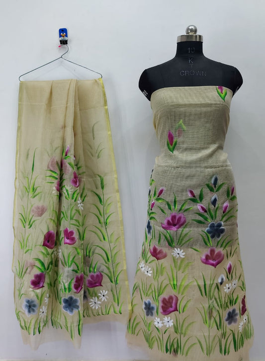 Grassy Floral Cream Brush Paint Kotadoria Un-Stitched Suit With Dupatta