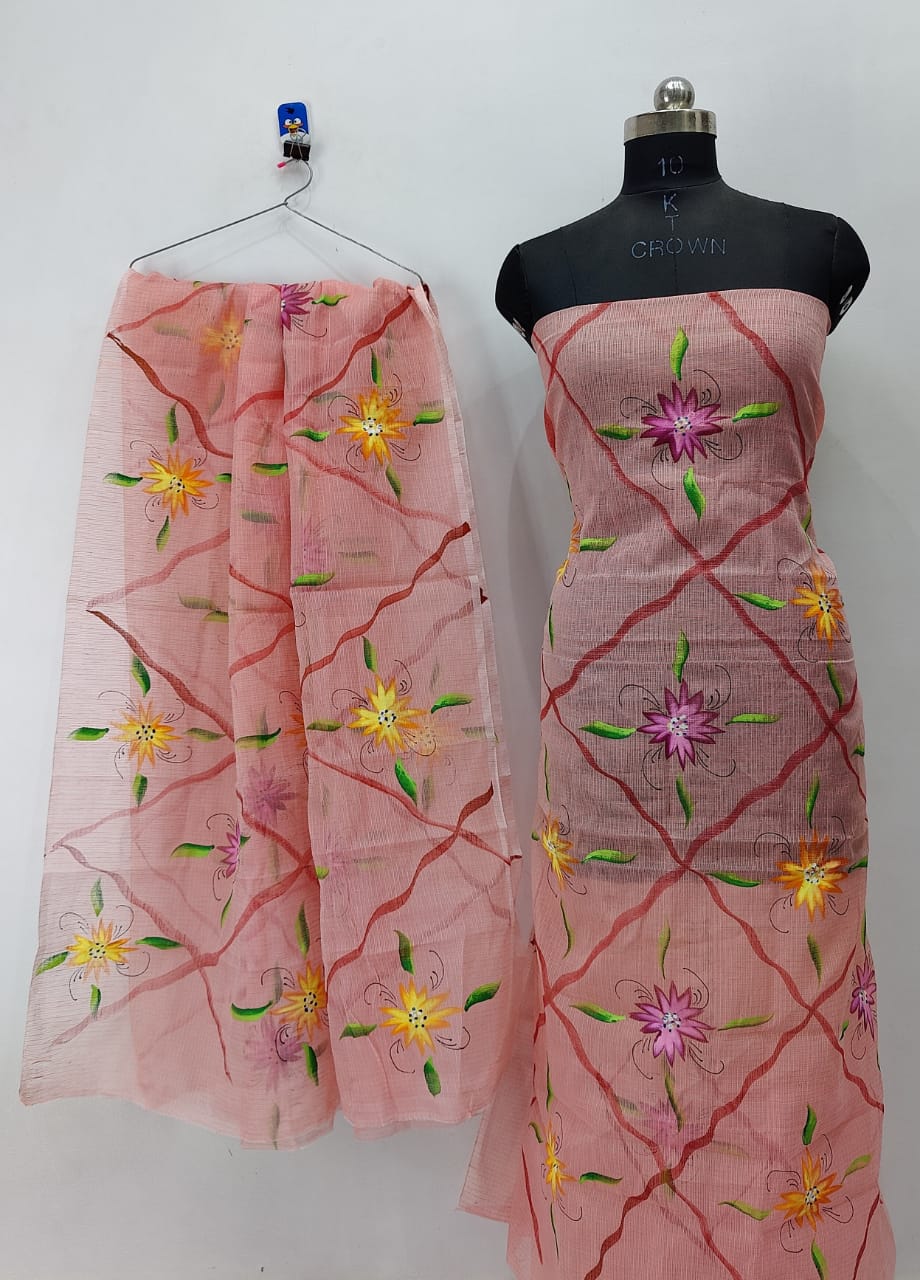 Striped Floral Block Brush Paint Kotadoria Un-Stitched Suit With Dupatta