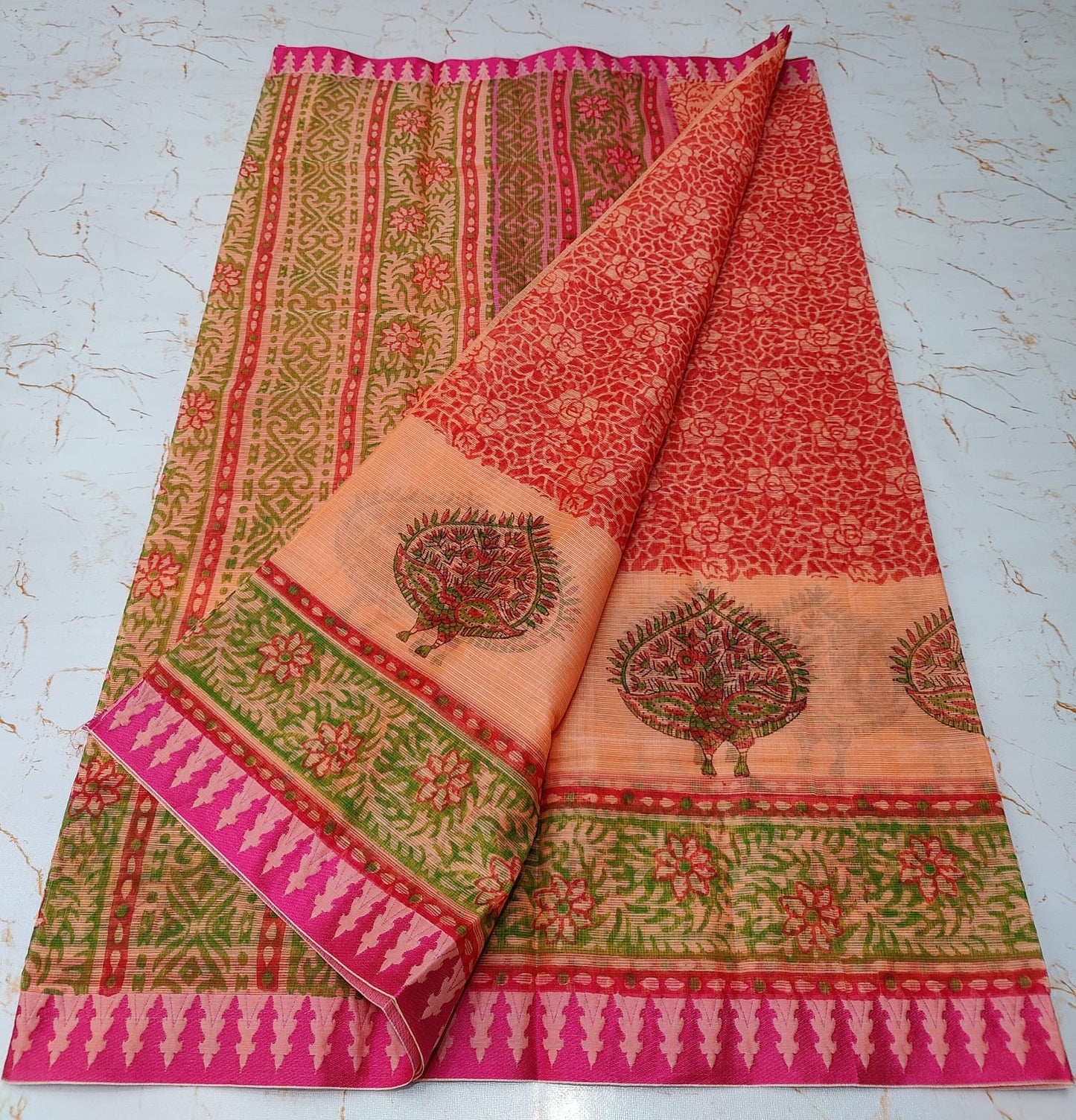 Flowery Delicate Designer Peach KotaDoria Block Printed Cotton Saree With Blouse