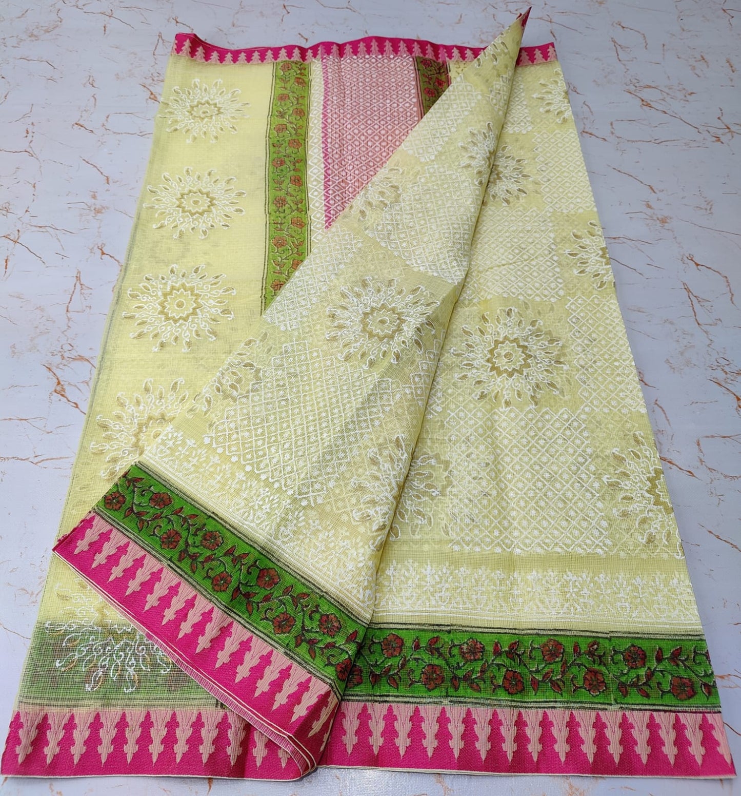 Flax Yellow Flowery KotaDoria Block Printed Cotton Saree With Blouse