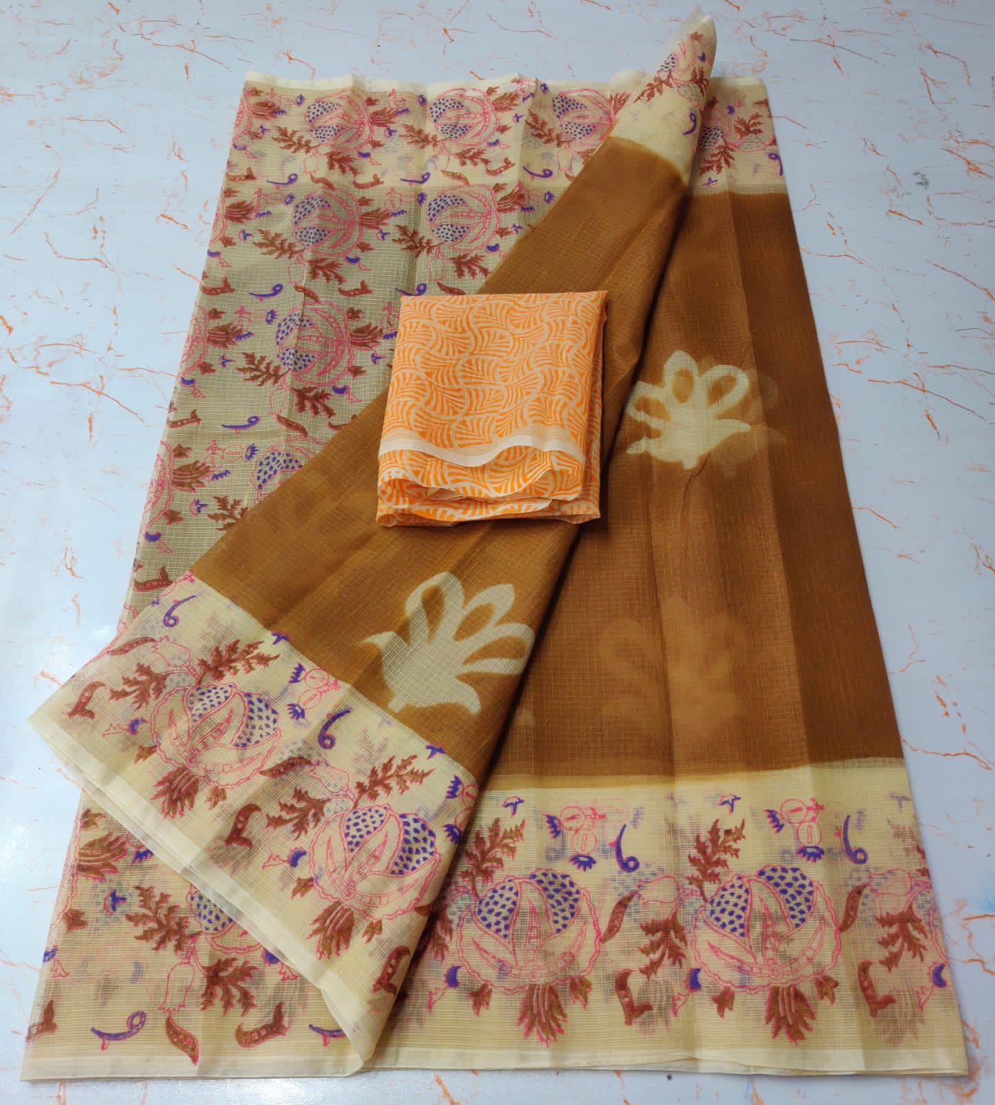 Tawny Brown Chic KotaDoria Dye Block Printed Cotton Saree With Blouse