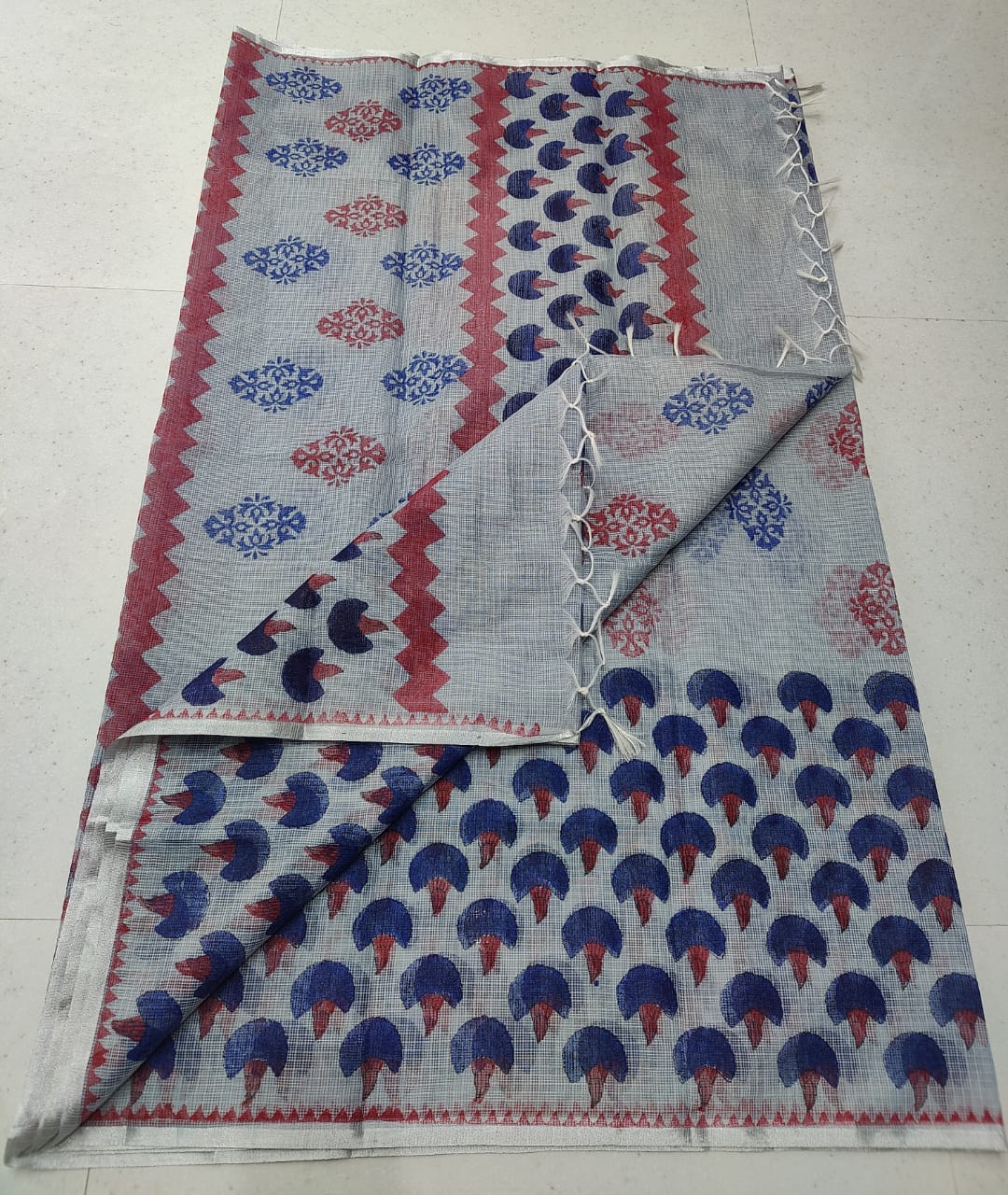 Tree Blue Embellished Flowery KotaDoria Block Printed Cotton Saree With Blouse