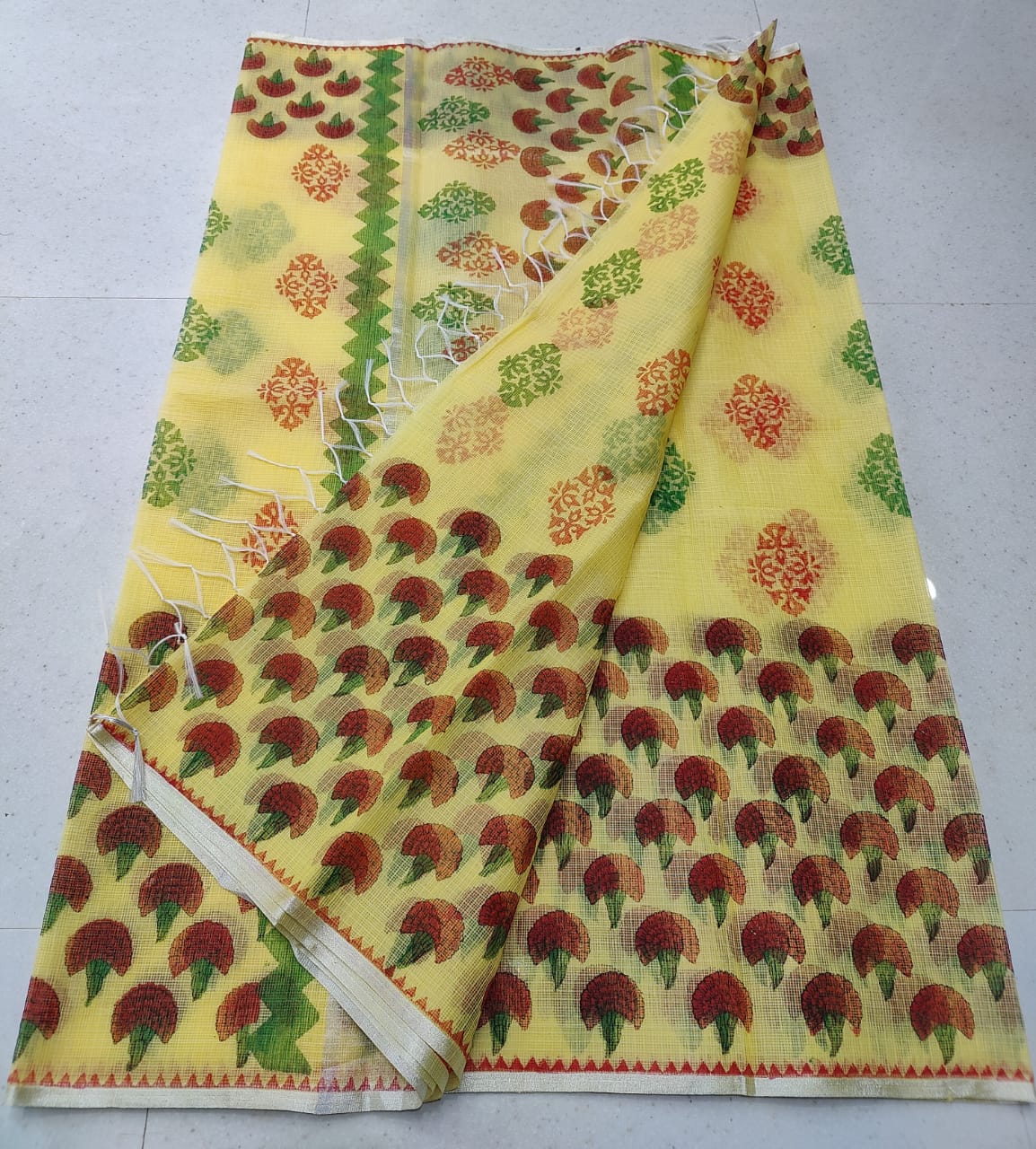 Red Tree Yellow Base Ethnic KotaDoria Block Printed Cotton Saree With Blouse