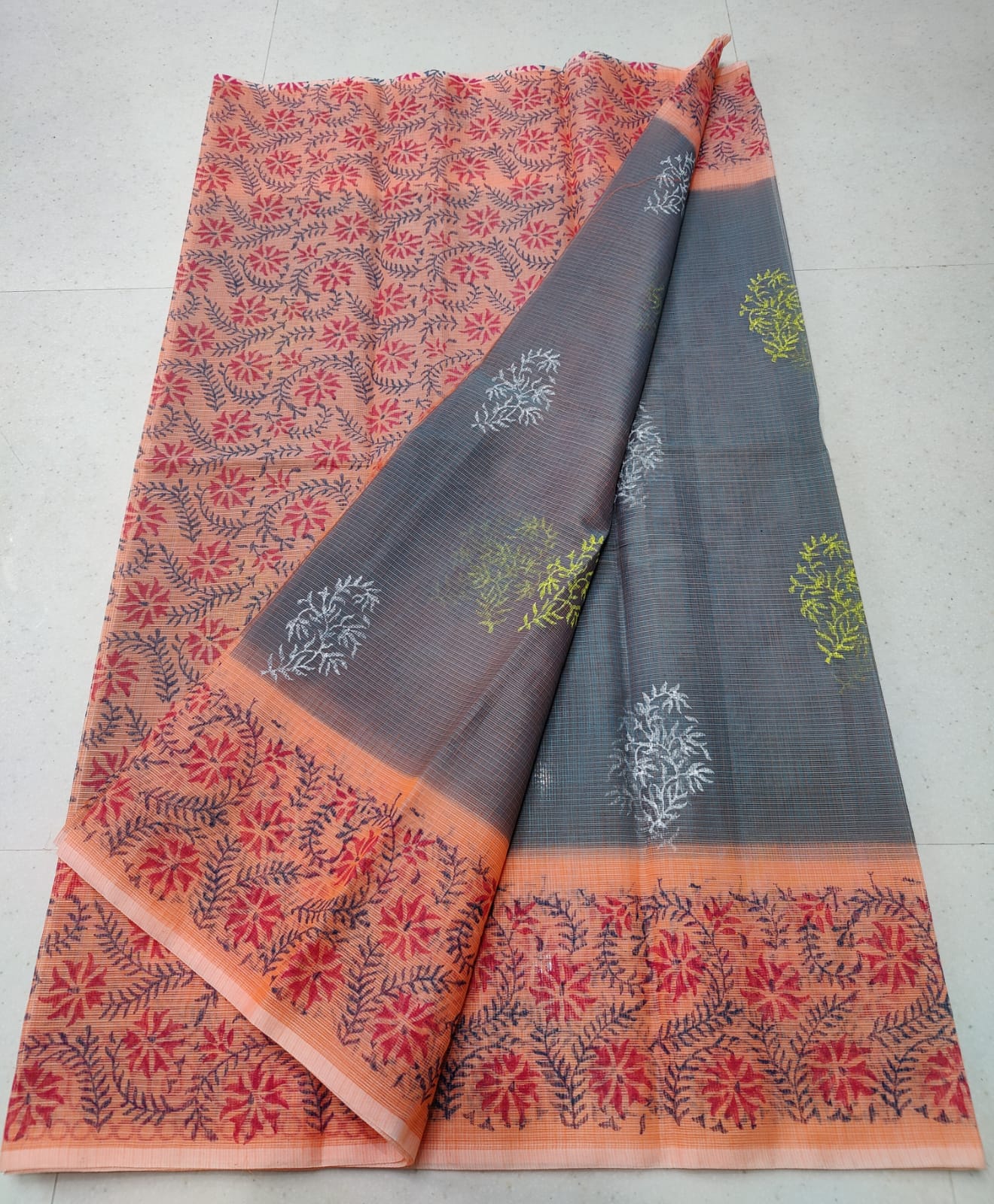 Steel Grey Refined KotaDoria Dye Block Printed Cotton Saree With Blouse