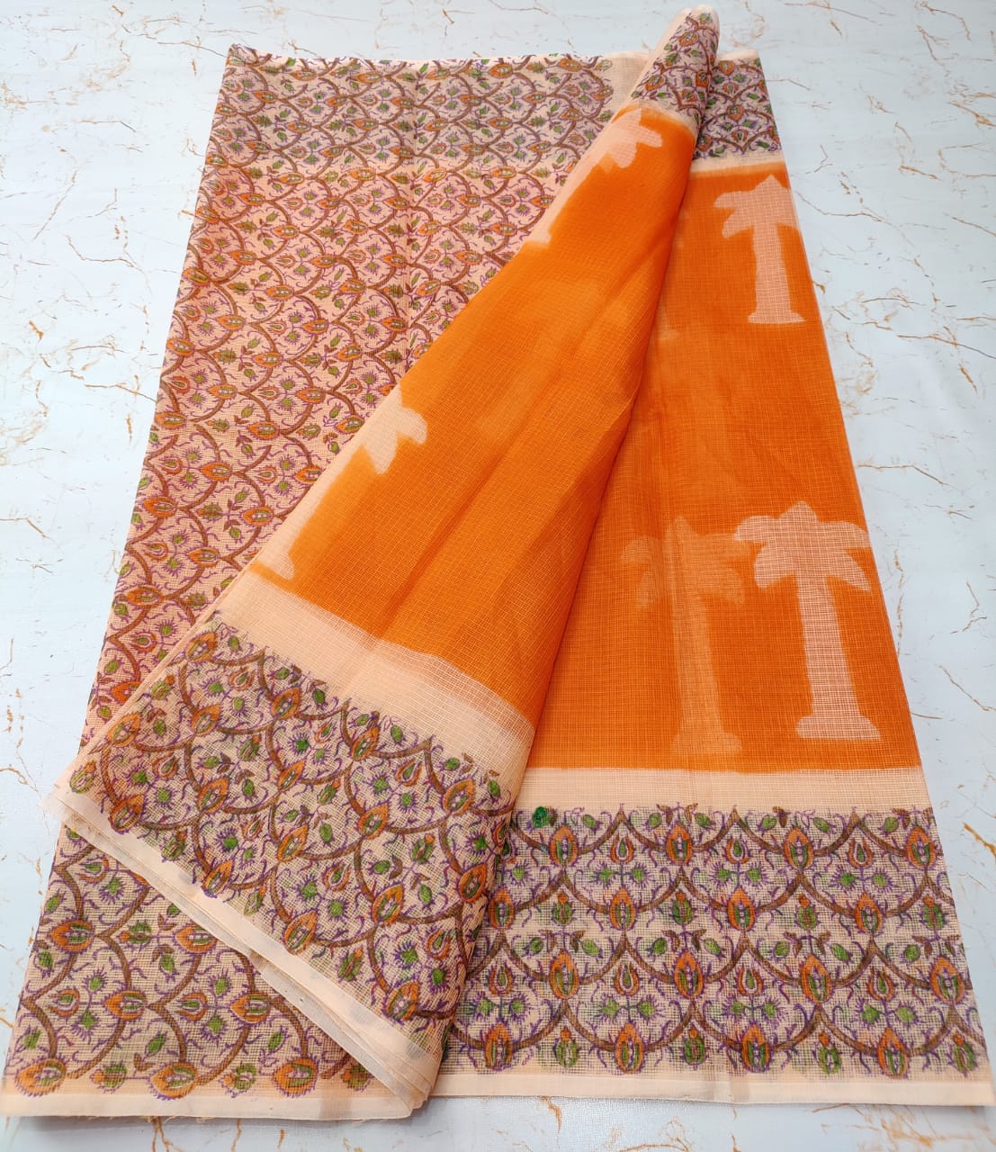 Melon Tree Print Refined KotaDoria Dye Block Printed Cotton Saree With Blouse