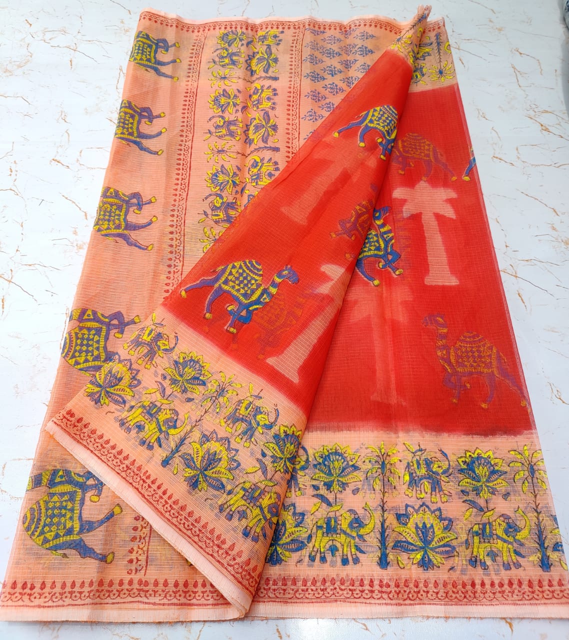 Rosso Corsa Tree Print Refined KotaDoria Dye Block Printed Cotton Saree With Blouse