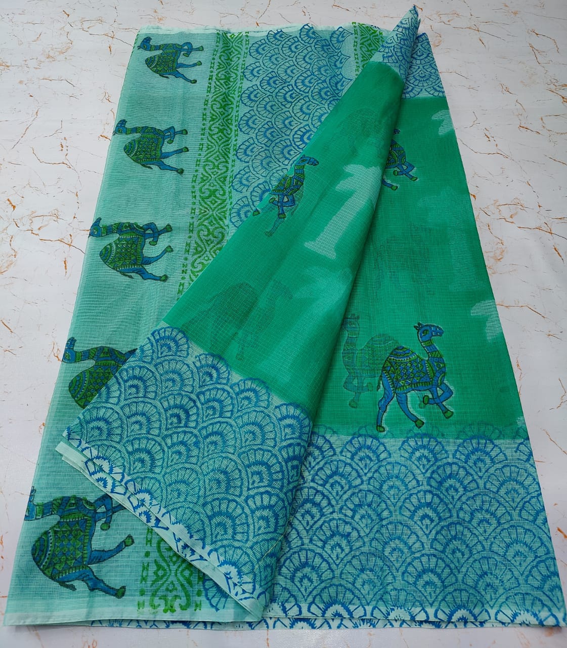 Persian Green Sofisticated KotaDoria Dye Block Printed Cotton Saree With Blouse