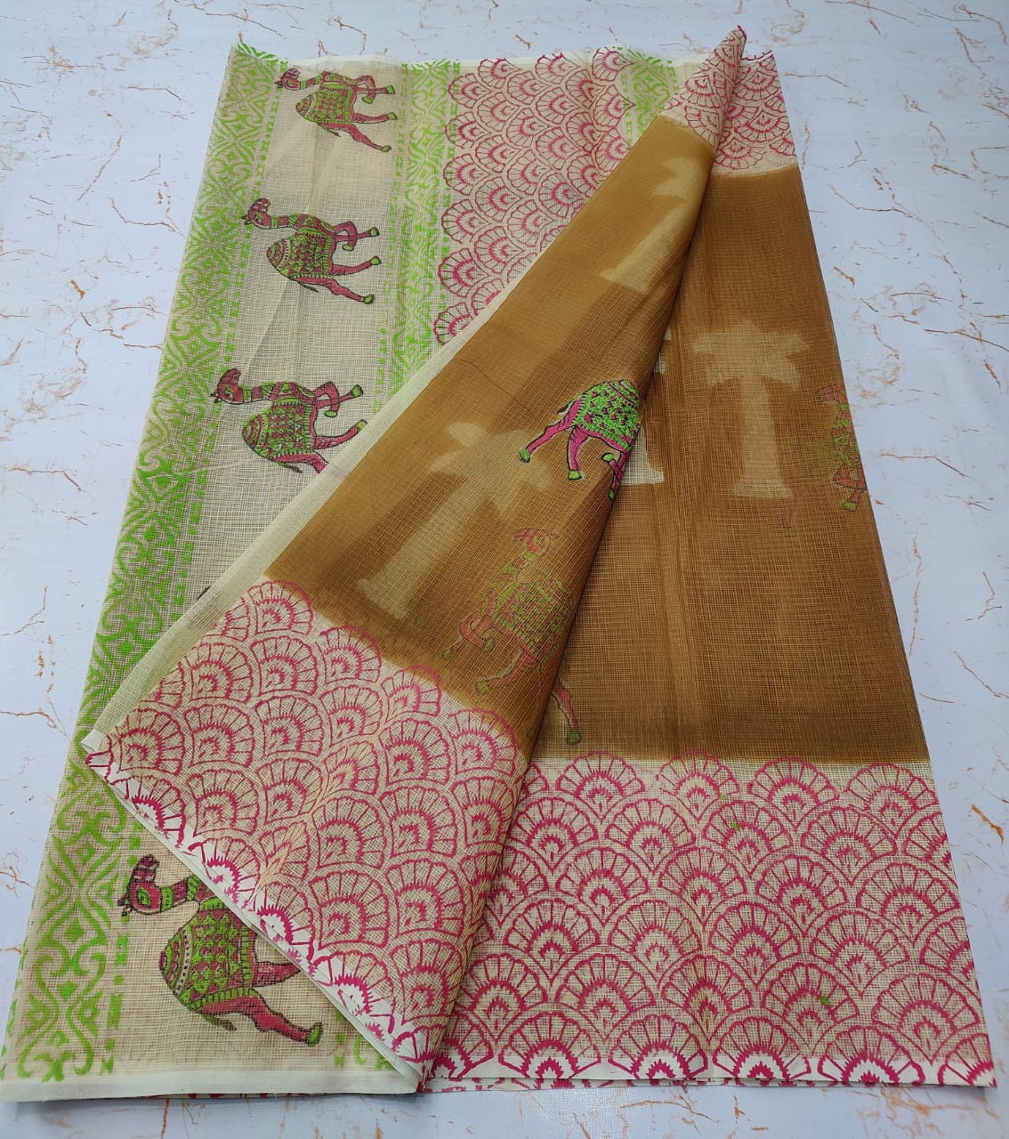 Tortila Brown With Linen Sofisticated KotaDoria Die Block Printed Cotton Saree With Blouse