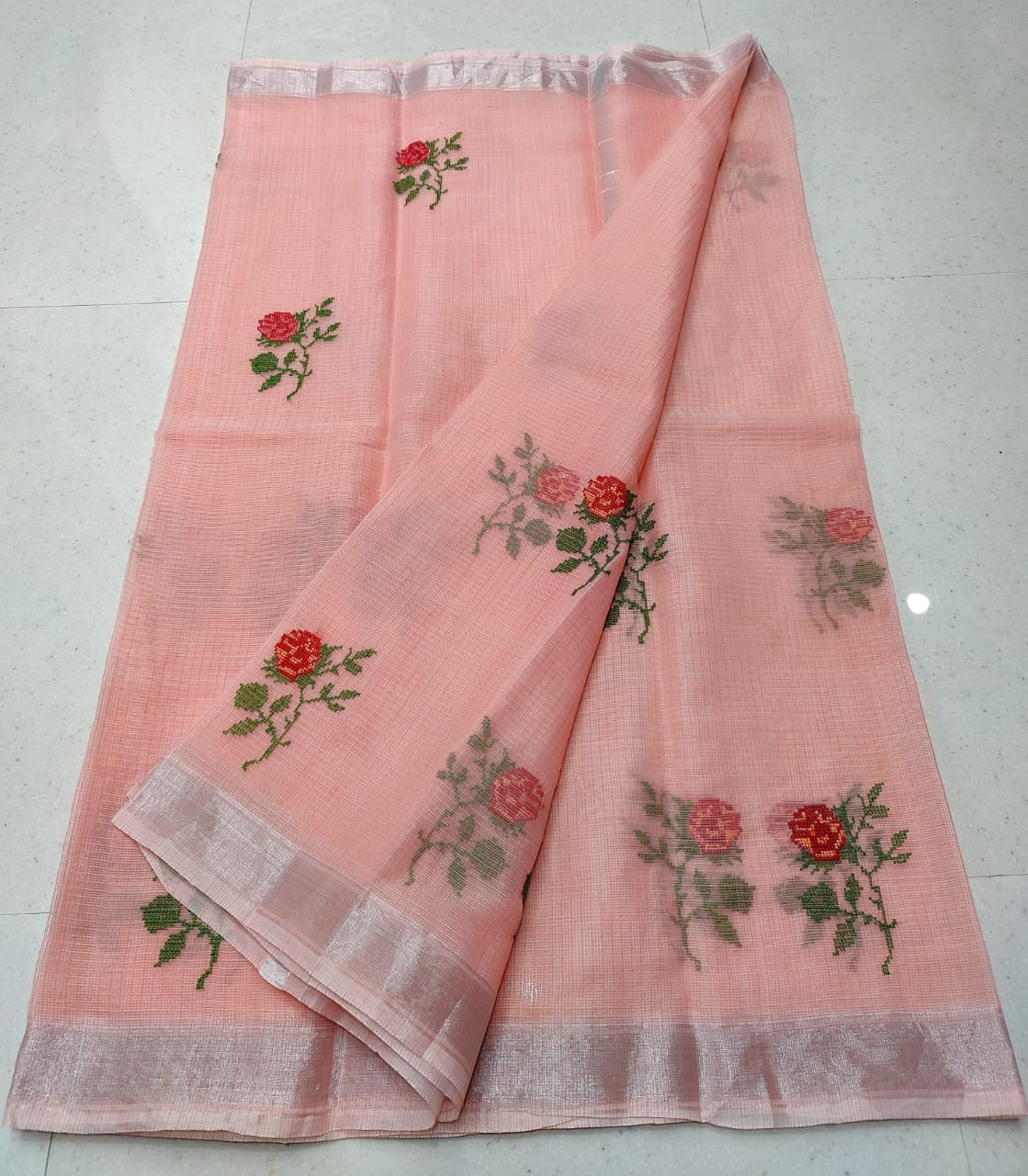 Salmon Pink With Red Flower Kota Doria Embroidery Cotton Saree With Running Blouse