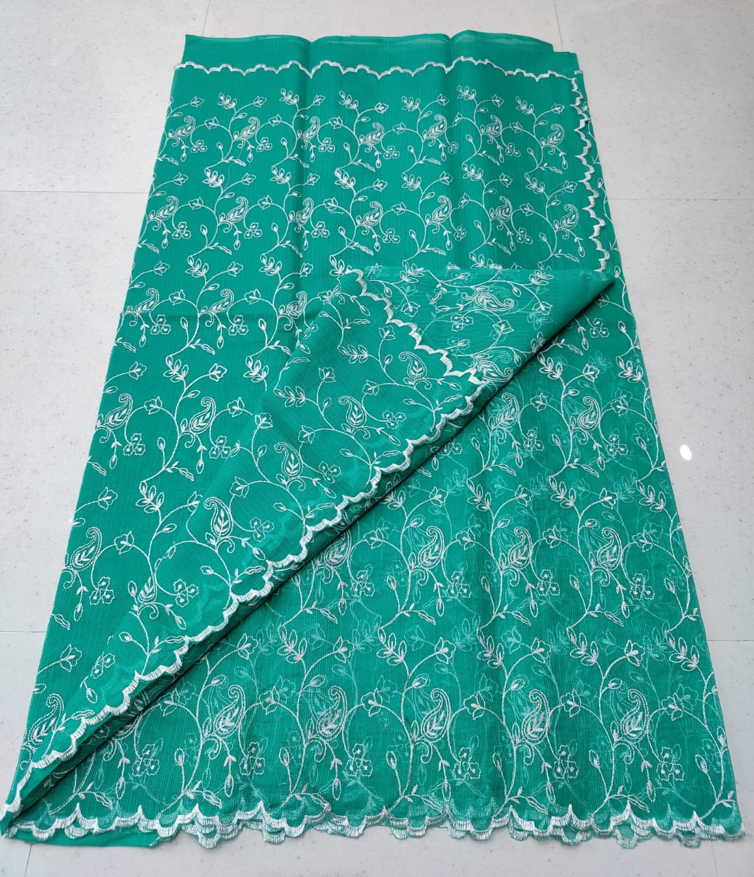 Sea Green Kota Doria Chickenkari Embroidery Cotton Saree With Running Blouse
