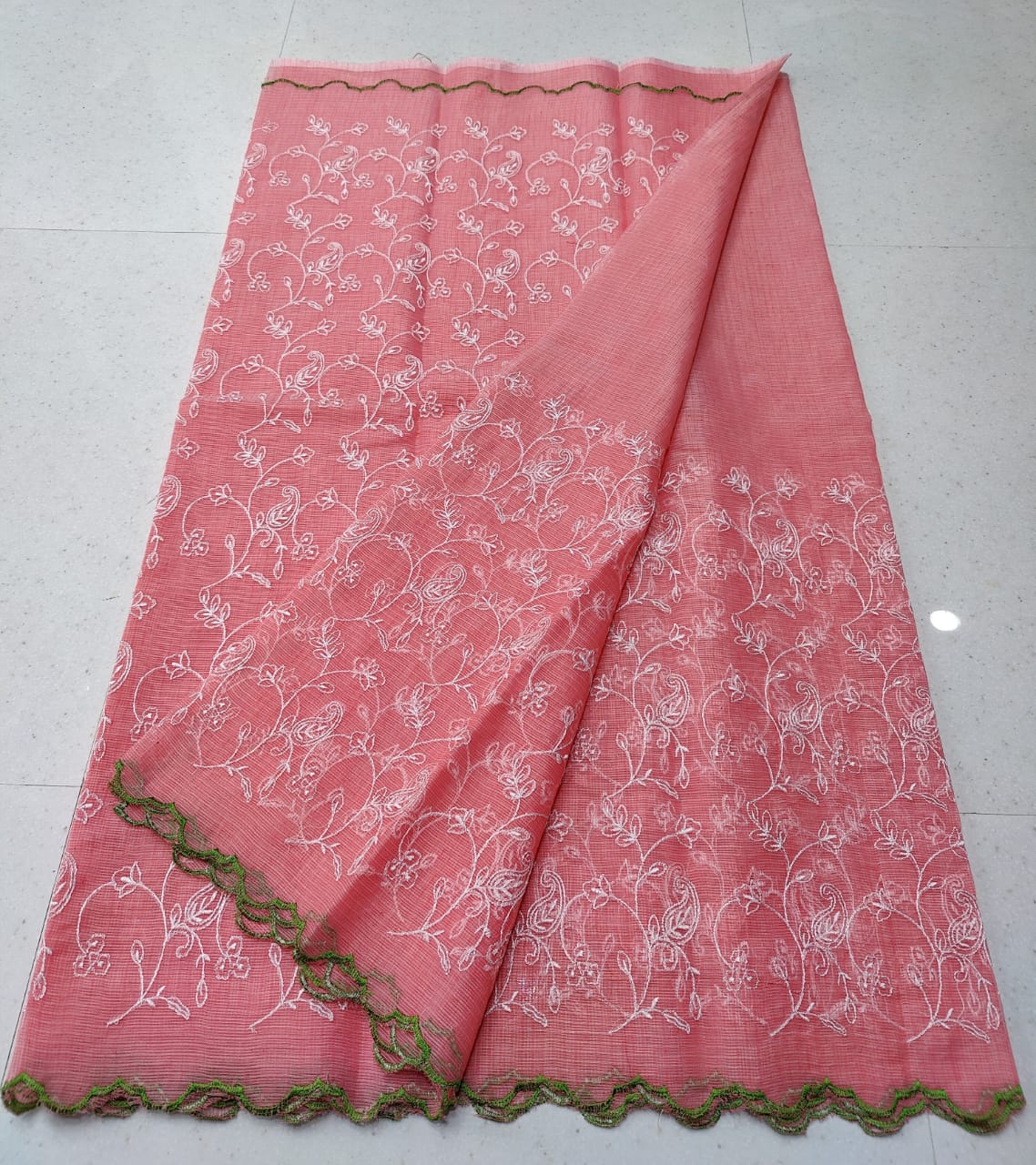 Salmon Pink Kota Doria Chickenkari Embroidery Cotton Saree With Running Blouse