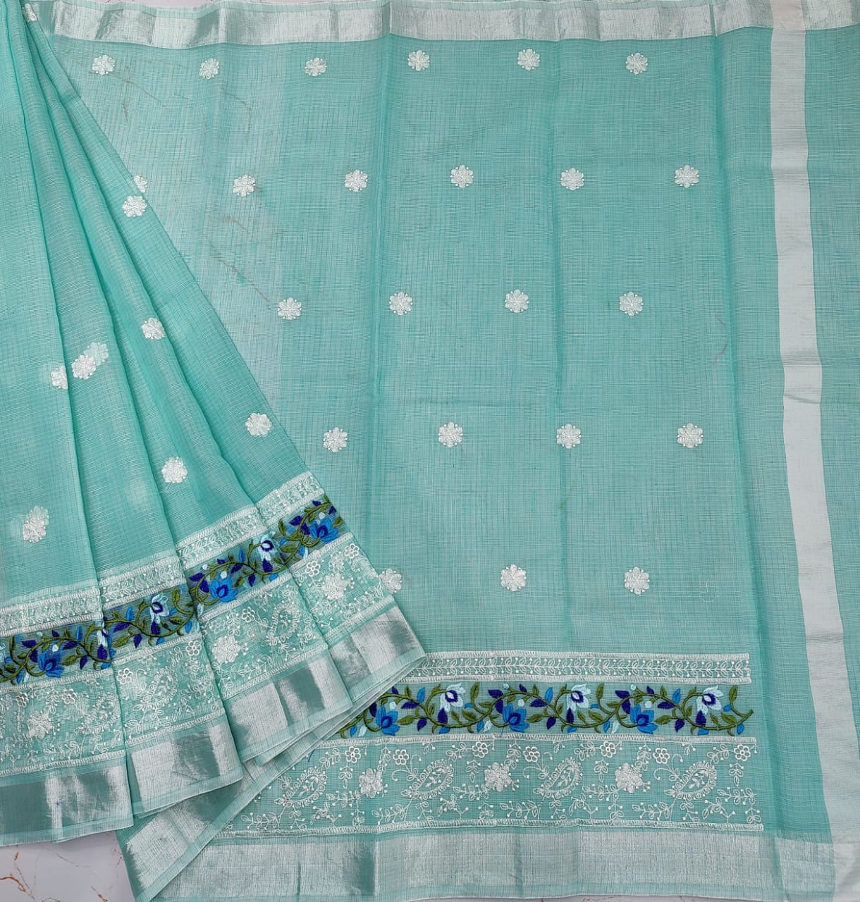 Baby Blue Kota Doria Chickenkari Embroidery Cotton Saree With Running Blouse