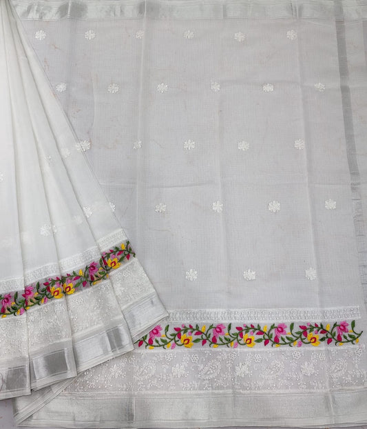 Light Grey Colored Kota Doria Chickenkari Embroidery Cotton Saree With Running Blouse