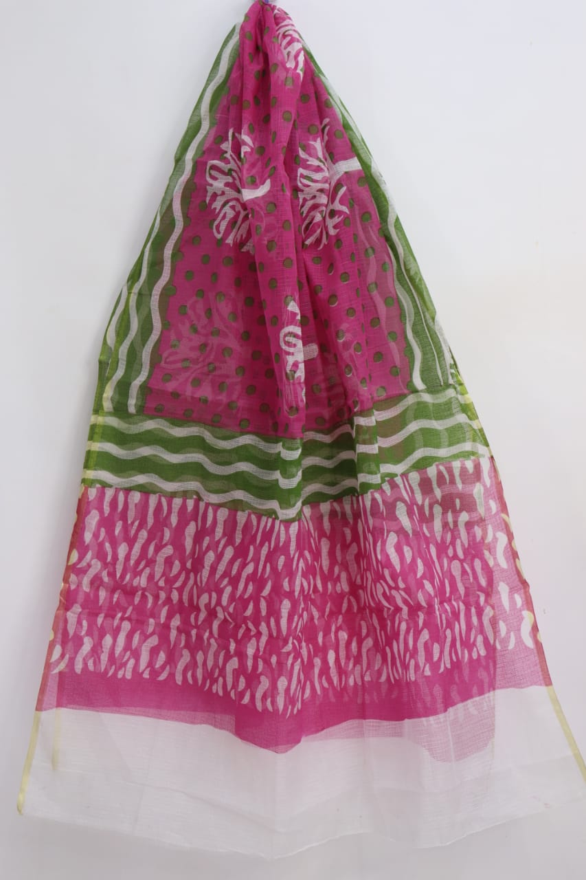 Elegant Pink-Green Combination Block Printed Kota Doria Dupatta