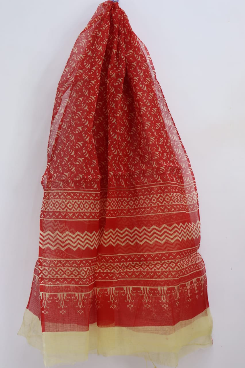 Crimson Red Striped Block Printed Kota Doria Dupatta