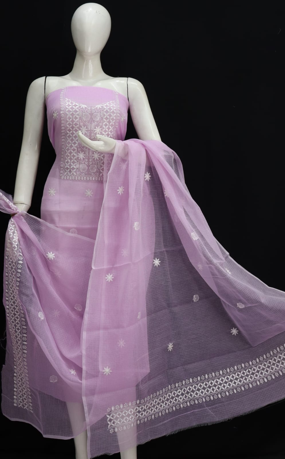 Pastel Base White Thread Chikankari Embroidery Kota Doria Dress Material