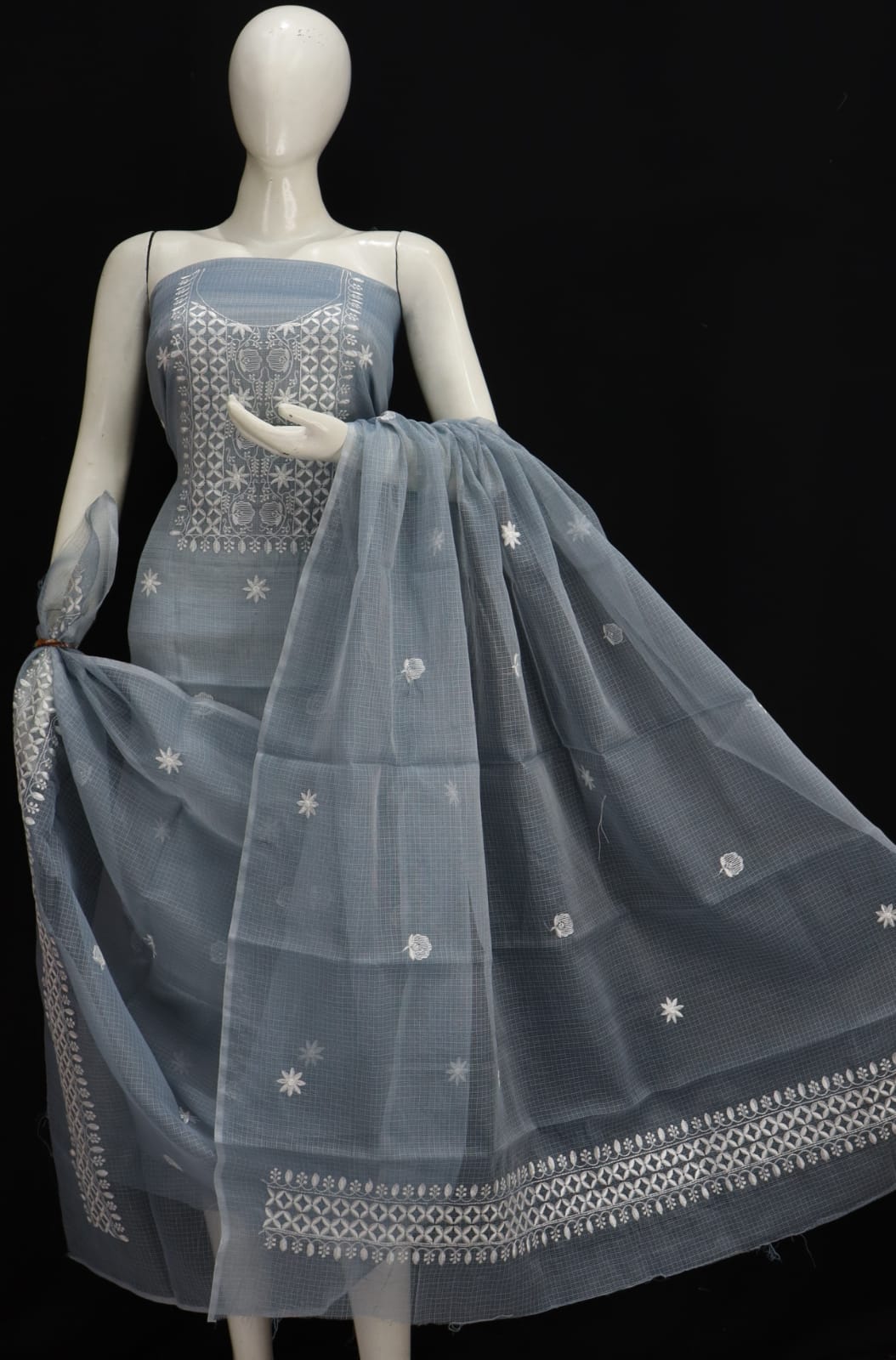 Grey Base White Thread Chikankari Embroidery Kota Doria Dress Material