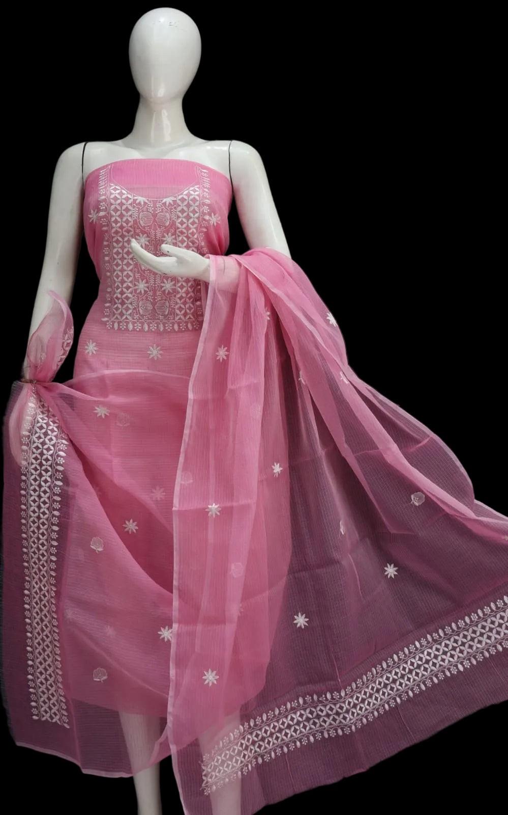 Pink Base White Thread Chikankari Embroidery Kota Doria Dress Material