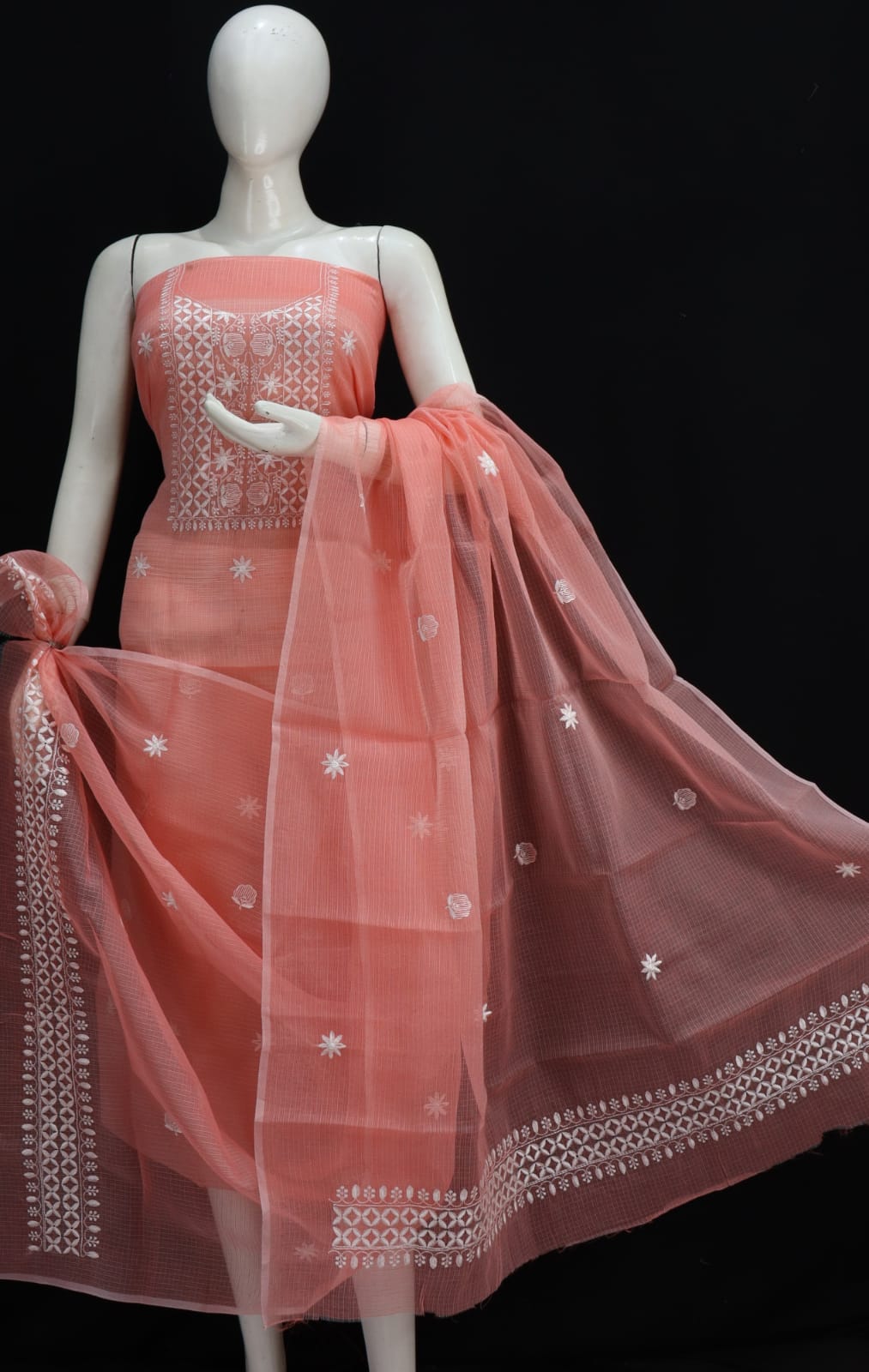 Peach Pastel Base White Thread Chikankari Embroidery Kota Doria Dress Material