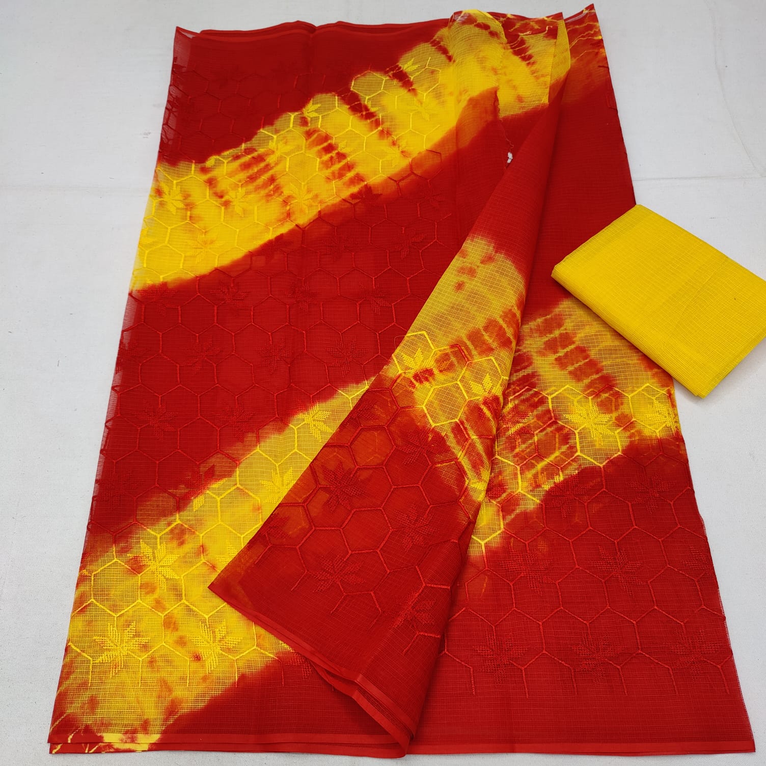 Authentic Pure Silk Kota Doria Saree - Hand Batik Print - Red Color main image 1