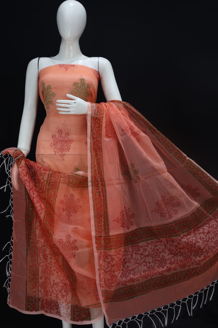 Mahagony Brown Bouquet  Handblock Printed Cotton Kota Doria Un- Stitched Suit With Dupatta