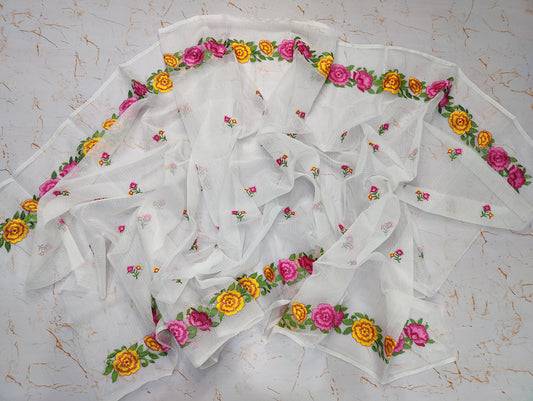 White Base Floral Kota Doria Embroidery Dupatta