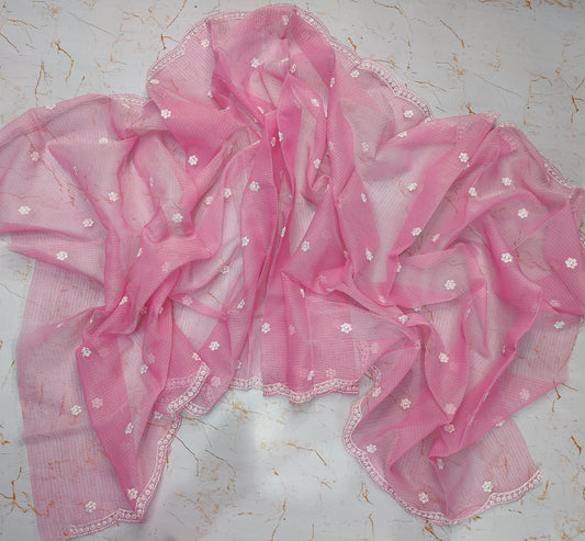Pink Base White Thread Kota Doria Embroidery Dupatta