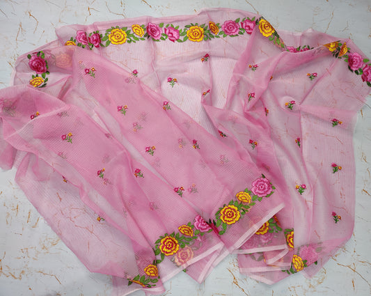 Pink Base Floral Kota Doria Embroidery Dupatta