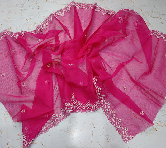 Pink Base White Thread Kota Doria Embroidery Dupatta