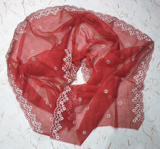 Red Base White Thread Kota Doria Embroidery Dupatta