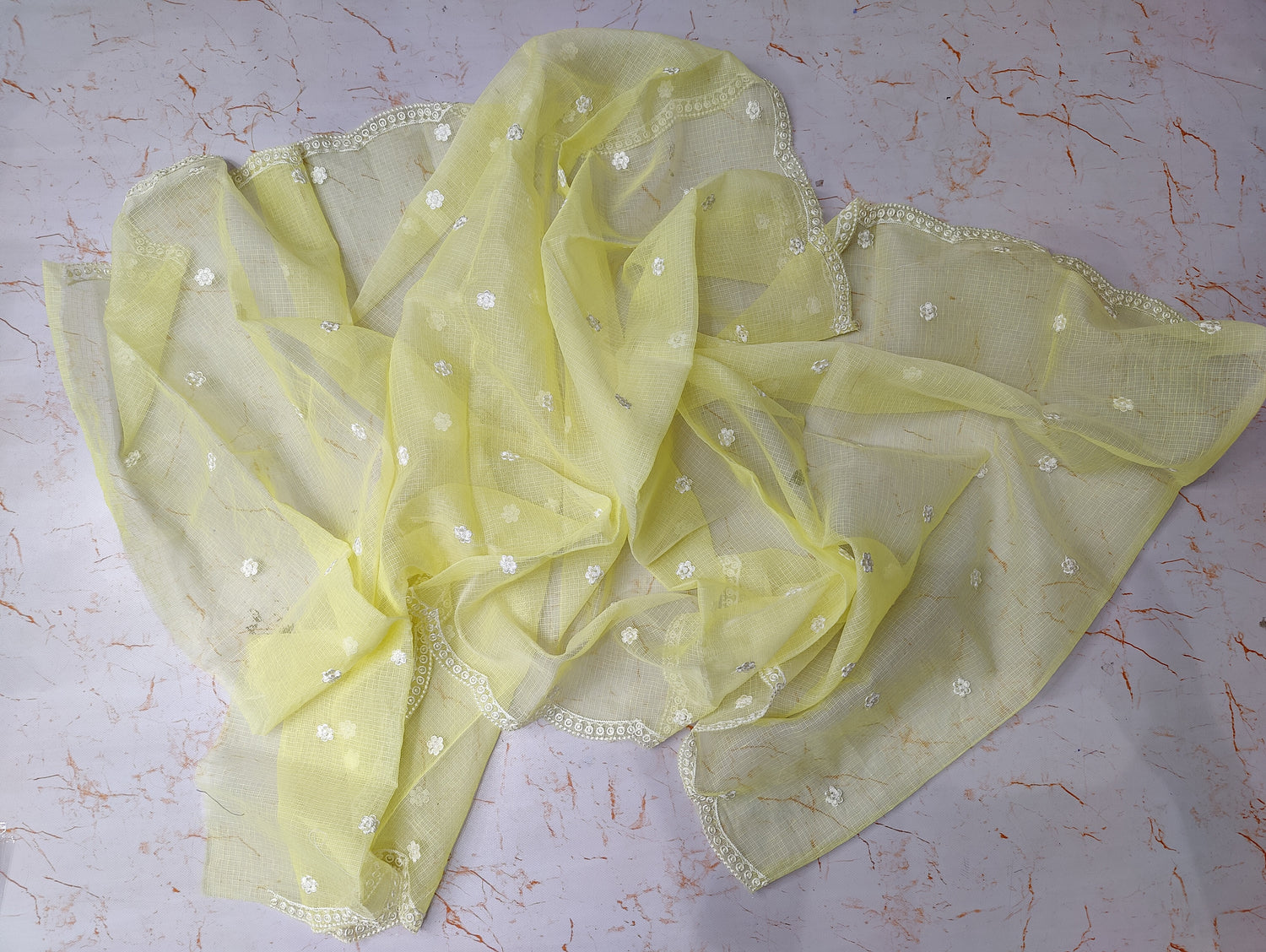 Pastel Yellow Base White Thread Kota Doria Embroidery Dupatta