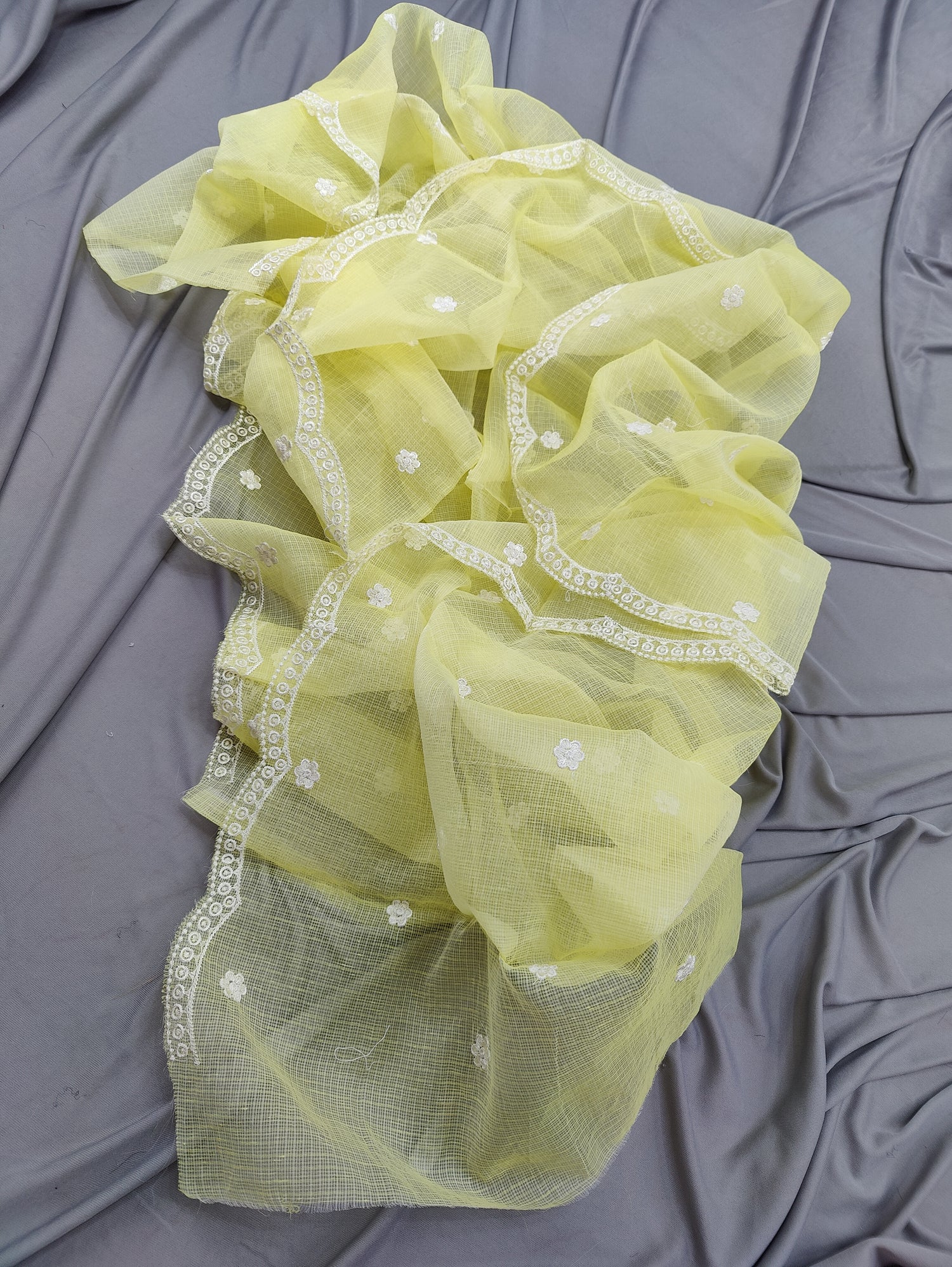 Pastel Yellow Base White Thread Kota Doria Embroidery Dupatta 2