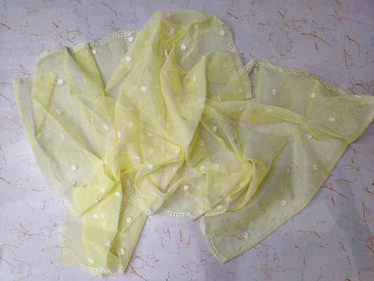 Pastel Yellow Base White Thread Kota Doria Embroidery Dupatta