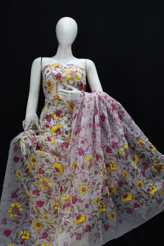 White Base Cluster Yellow Flower Printed Kota Doria Suit